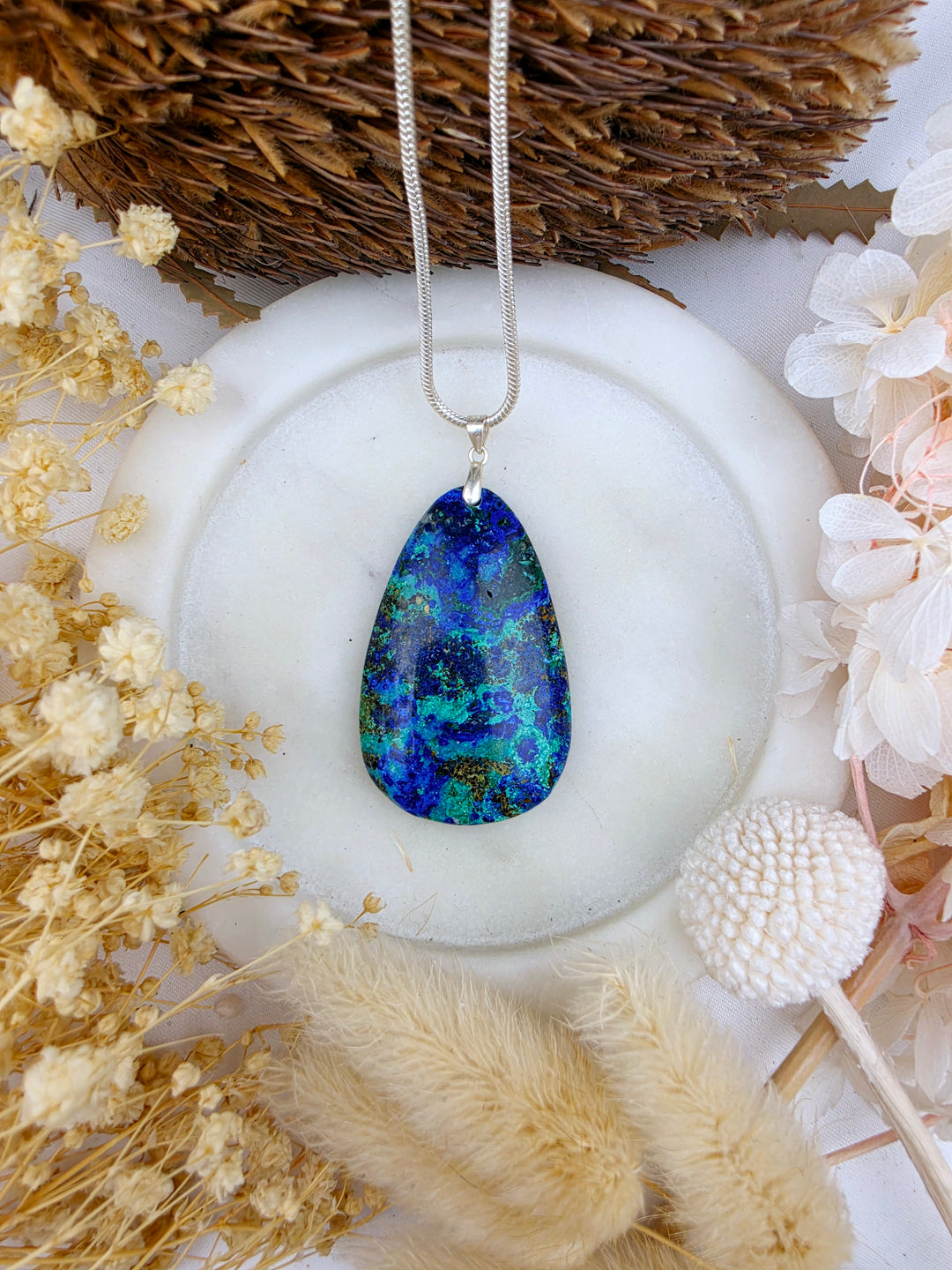 Azurite Malachite Tear Drop Silver Pendant