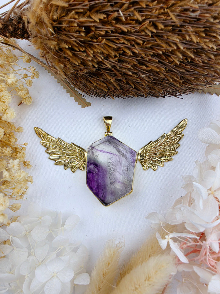 Rainbow Fluorite Large Anahata Brass Pendant