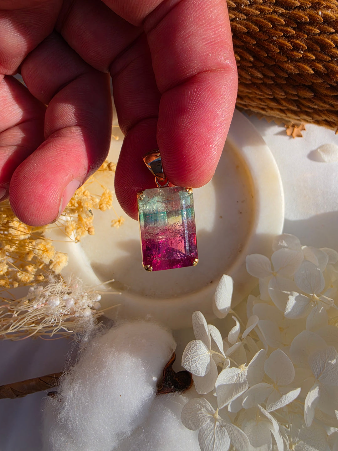 Pink & Green Bi-Coloured Tourmaline Pendant - 18k Solid Gold