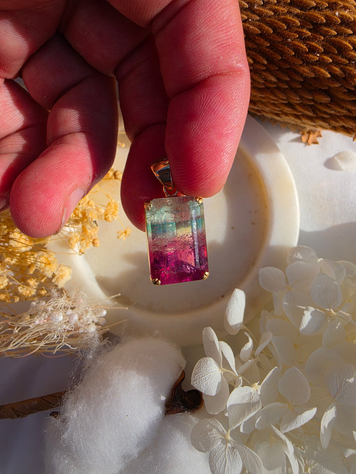 Pink & Green Bi-Coloured Tourmaline Pendant - 18k Solid Gold