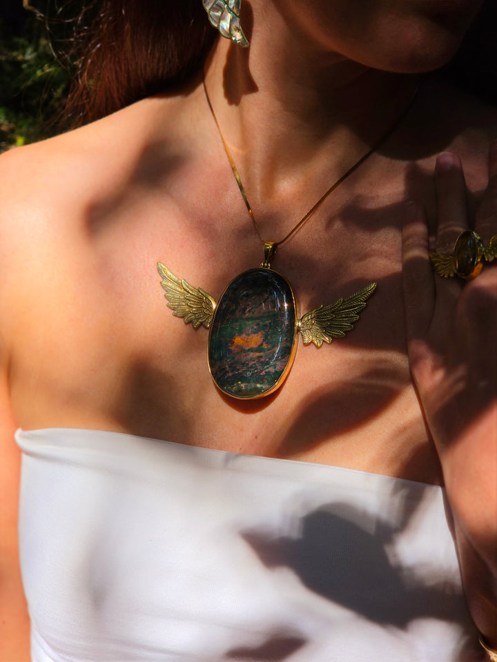 Bloodstone Jasper Large Anahata Brass Pendant